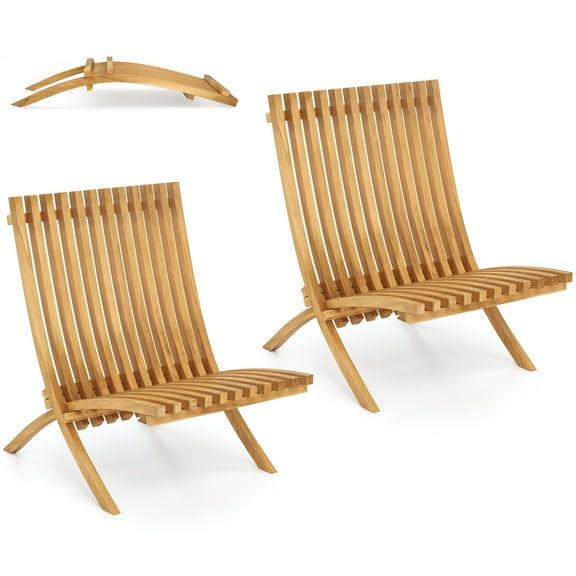 Gymax 2 PCS Folding Patio Chair Teak Wood Outdoor Lounge Chair w/ Slatted Seat & Backrest
