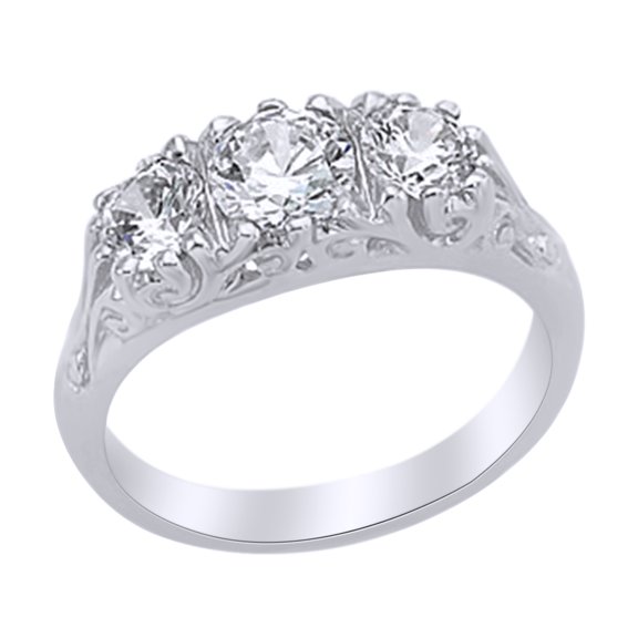 AFFY White Natural Diamond Three Stone Anniversary Ring in 14k White Gold (0.75 Cttw) Ring Size : 4