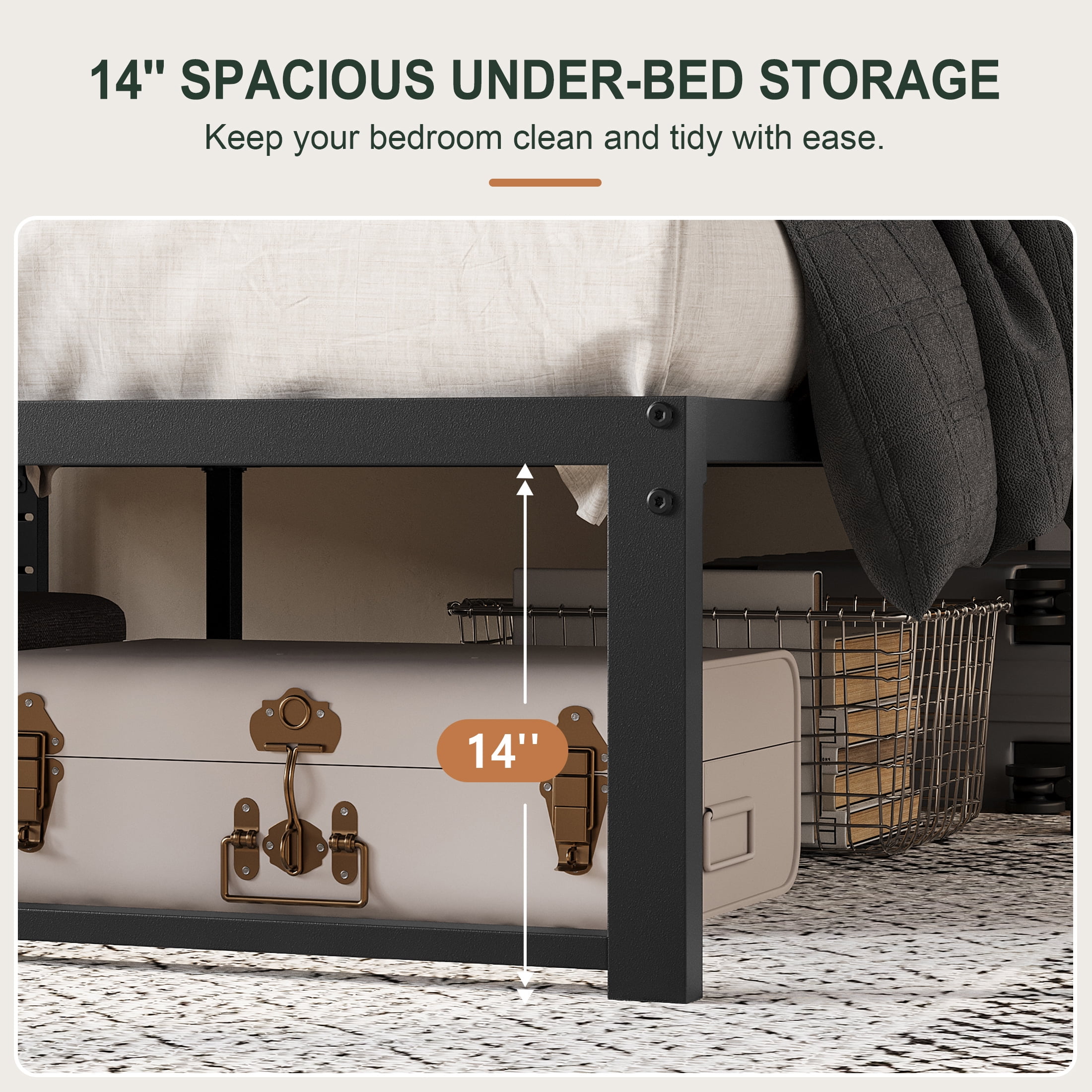 Amolife 14" Queen Size Bed Frame, Heavy Duty Metal Platform Bed with Under Bed Storage, 3500 lbs Capacity, Easy Assembly, Black