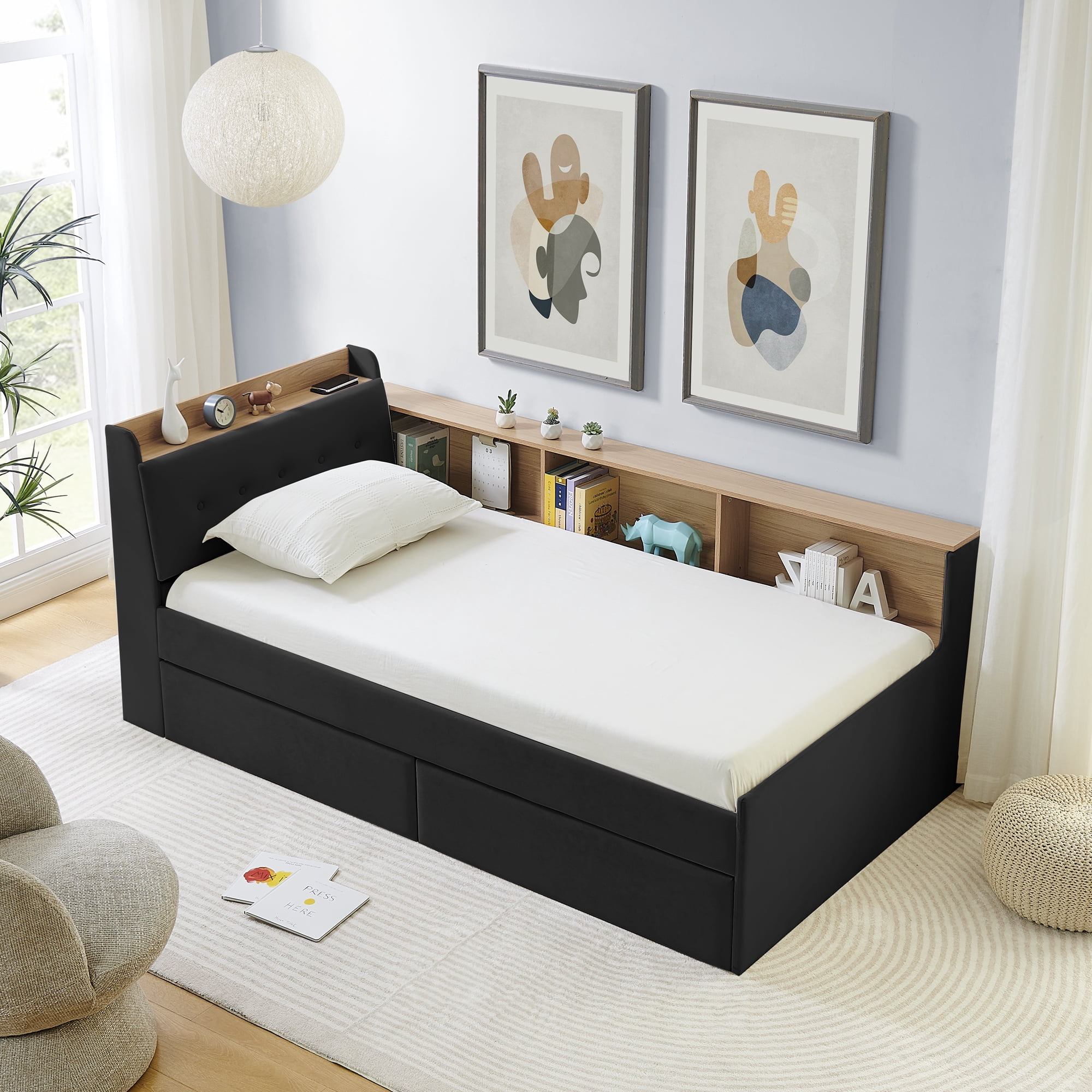 Leumius Corner Twin Size Bed Frame with Storage Headboard and Bookcase,Upholstered Daybed with Two Storage Drawers,LED Lights,Wireless Charging,Black