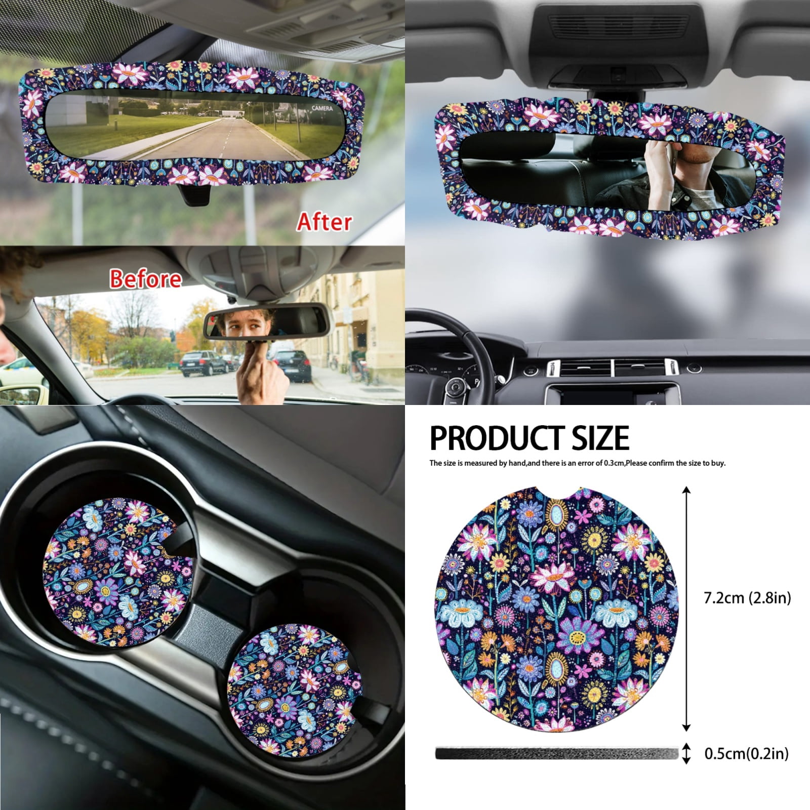 Yuyamidu Colorful Flower Car Seat Covers with Steering Wheel Cover Seat Belt Pads Coasters Waste Bin Armrest Cover Cup Holders Rearview Mirror Cover Handbrake Cover Set 14pcs Auto Accessories