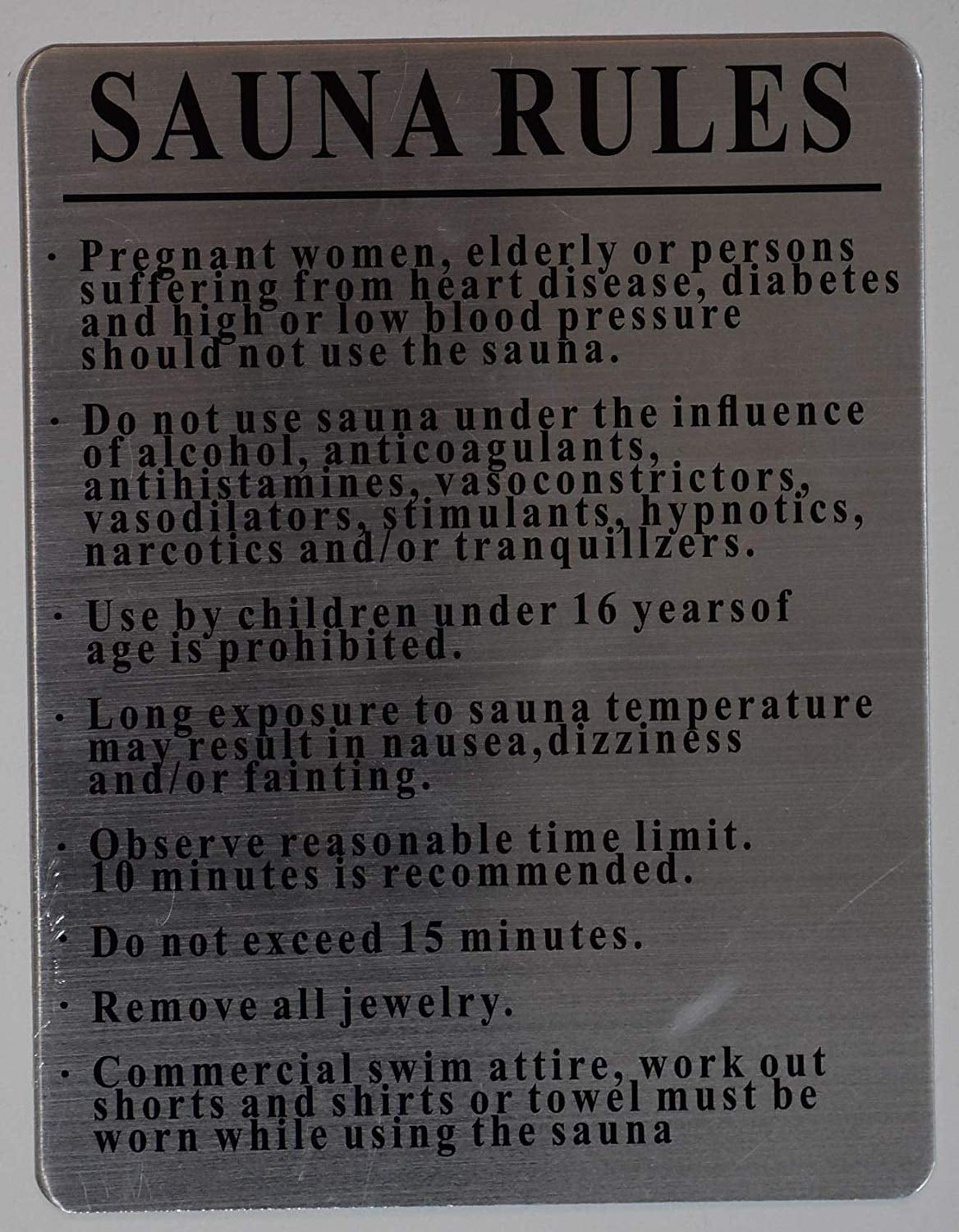 Sauna Rules Sign (White, Rust Free Aluminium 8.5x11)