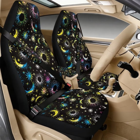 Xixirimido 5Pcs Car Seat Covers & Seatbelt Covers & Center Console Cover Set Universal Auto Accessories Fit for SUV Sedan Van Truck Leather Front Seat Cover, Colored Celestial Moon Stars