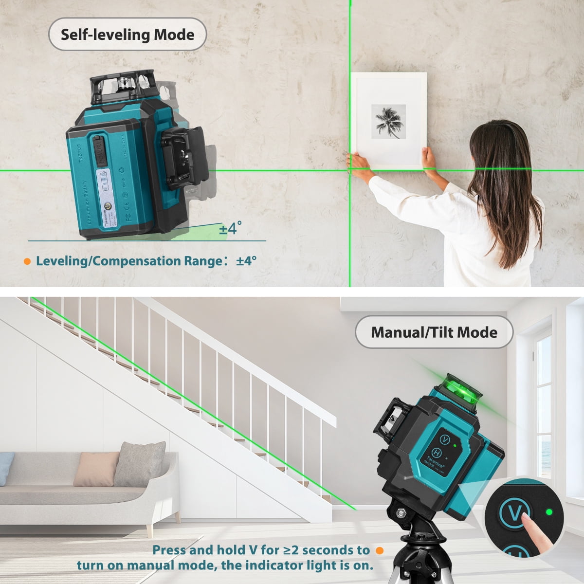 Takamine  3x360° 12 Lines Self Leveling Green Laser Level for Construction with Removable Lithium Battery, Remote Controller, Magnetic Rotating Stand and Hard Case-GM120S