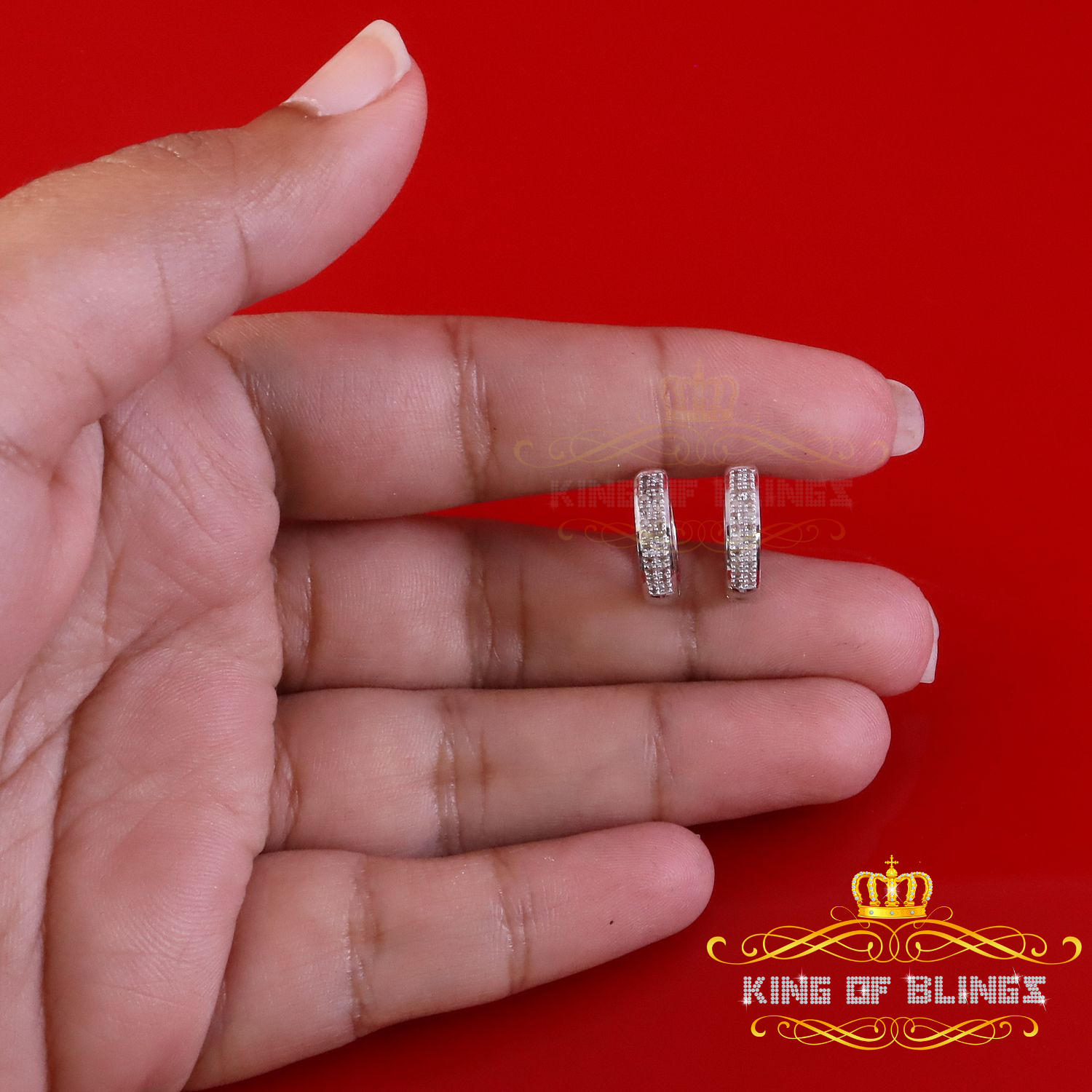 King of Bling's 0.15ct Diamond 925 Sterling Silver White Hoop Stud Earrings For Men's / Women's