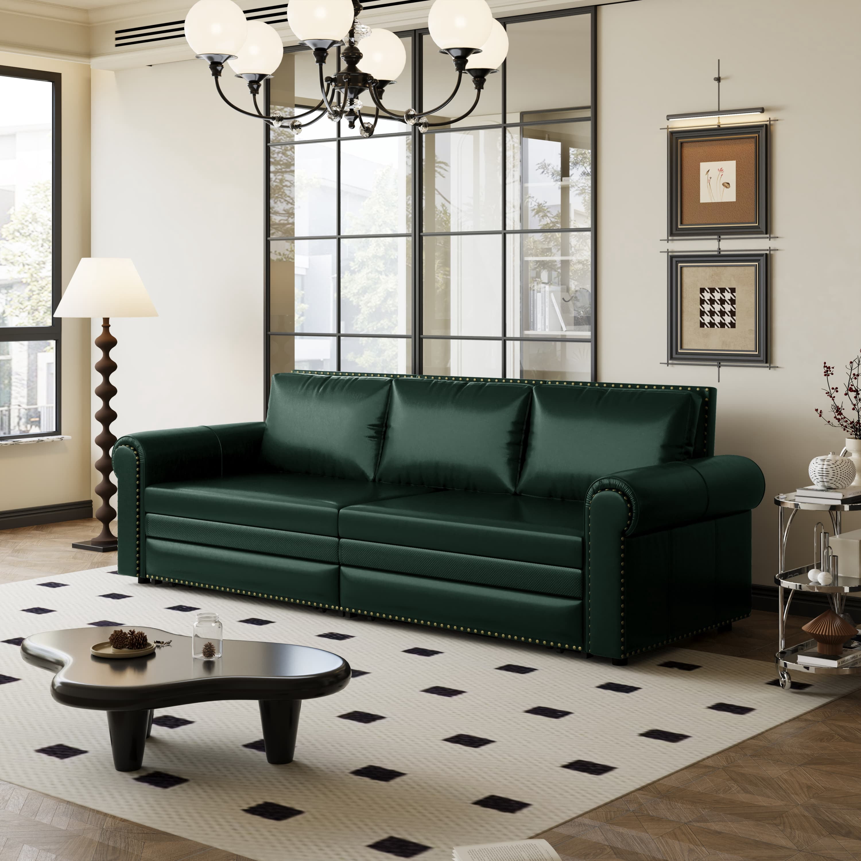 Chesterfield Sofa,93.7" King Pull Out Sofa Bed,3-in-1 Faux Leather Convertible Sleeper Sofa with Nailhead Trim & Rolled Arm,Multi-Functional Sofa Bed for Living Room,Bedroom