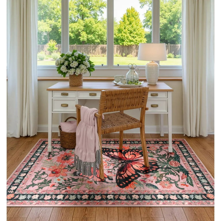 SUNDEREY Pink Butterfly Area Rug, Boho 5x7 Floral Rug Washable