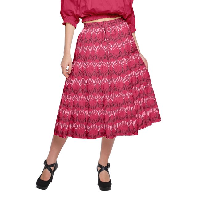 Moomaya Jupe en Coton avec Taille Élastique à Enfiler Jupe Évasée Imprimée Tenue d'Été