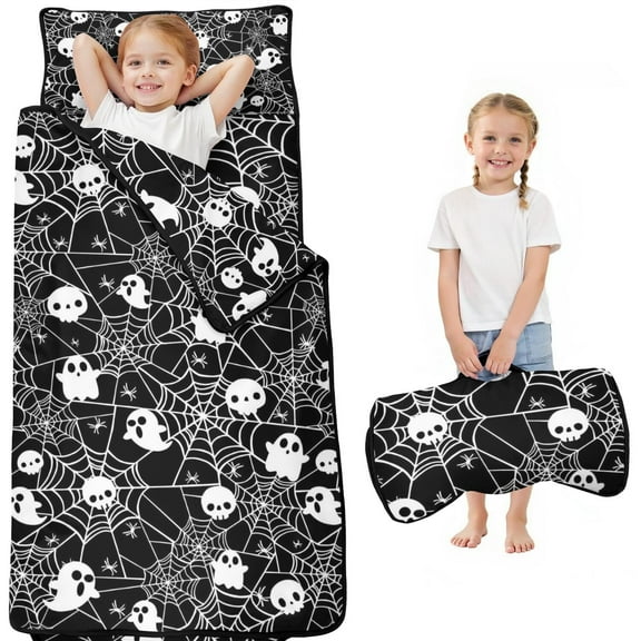 Halloween Ghosts and Skulls in Spider Webs Toddler Nap Mats for Kids Preschool,50"x20" Sleeping Mat Bag or Kids,Toddler Sleeping Bag,Toddler Nap Mat or Daycare