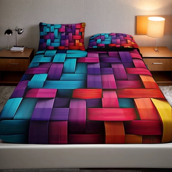 Orylavena Colorful 3D Woven Blocks Microfiber Fitted Sheet Set, Queen