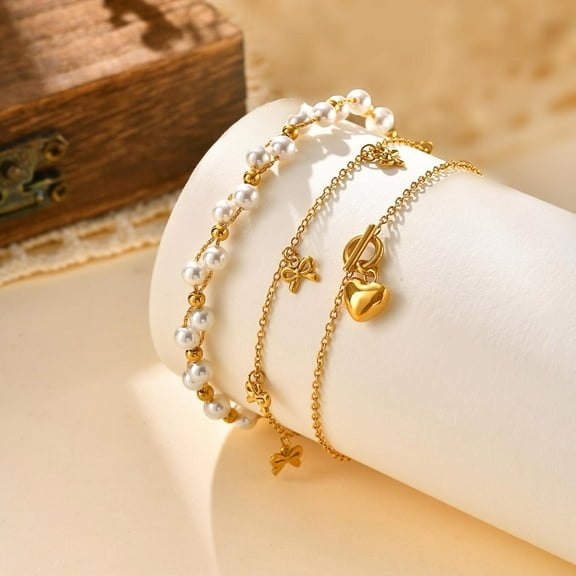 VNOX 3 Pcs Fashion Chain Bracelet Set with Pearl, Heart, Bow Charms, Gold Layered Link Bracelets, Stackable