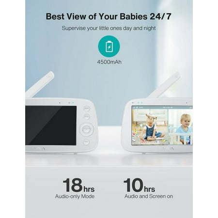 VAVA 5" 720P HD Baby Monitor with 2 Cameras, Night Vision, Zoom/Pan/Tilt, 2-Way Audio, White-New