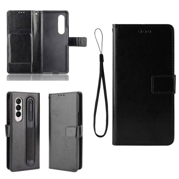 TECH CIRCLE 360 Full Protection Case For Samsung Galaxy Z Fold 4,Luxury PU Leather Card Wallet with Pen Holder Shockproof Folding Cover Hand Strap.For Samsung Galaxy Z Fold 4,Black