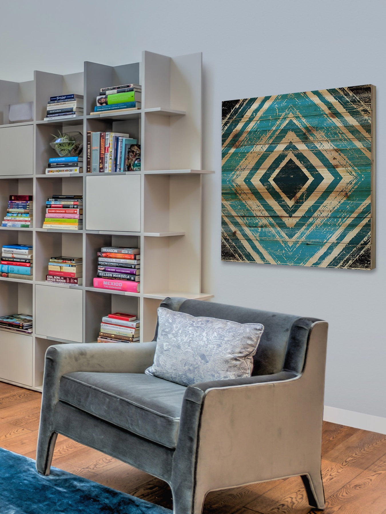 "Blue Square Rings" Painting Print on Natural Pine Wood