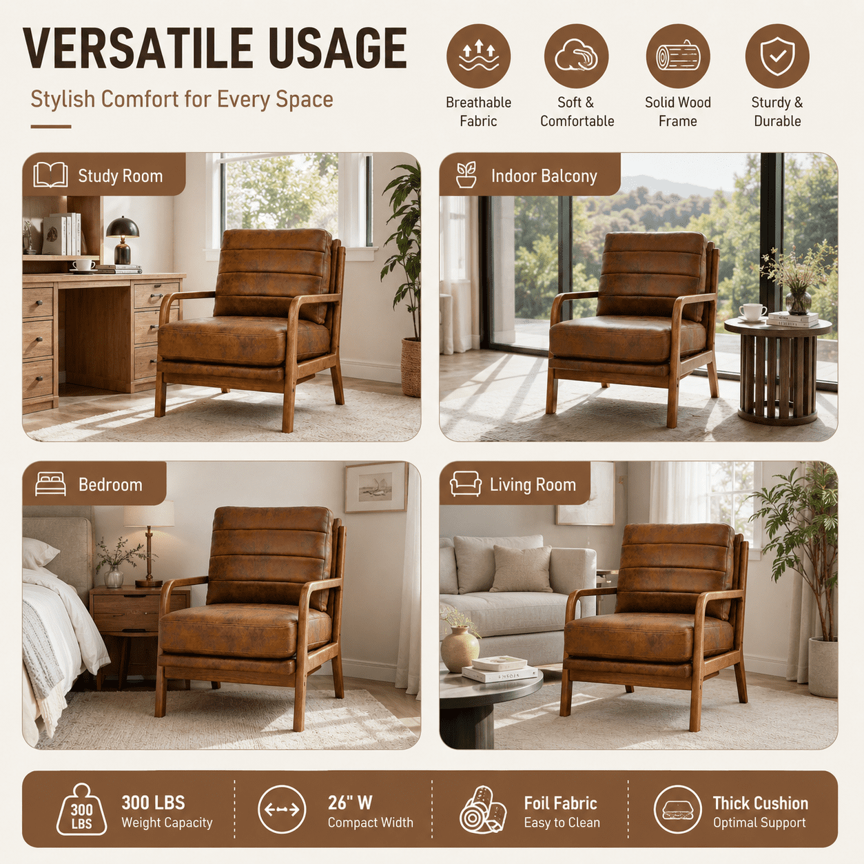 Homy Casa Mid-Century Accent Chair, Upholstered Reading Chair with Wood Frame, Brown
