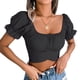 thumbnail image 1 of Blusa de gasa tipo corto Cinturón con lazo Espalda Manga abullonada Camiseta de gasa plisada para citas Lady Negro M, 1 of 6