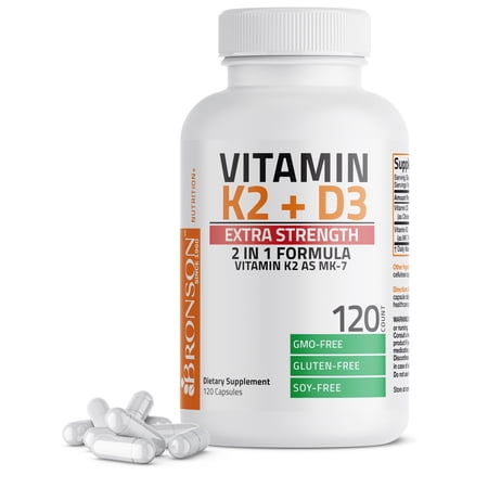 Bronson Vitamin K2 (MK7) with D3 Extra Strength Bone and Heart Health Non GMO & Gluten Free Formula - Easy to Swallow, 120 Capsules