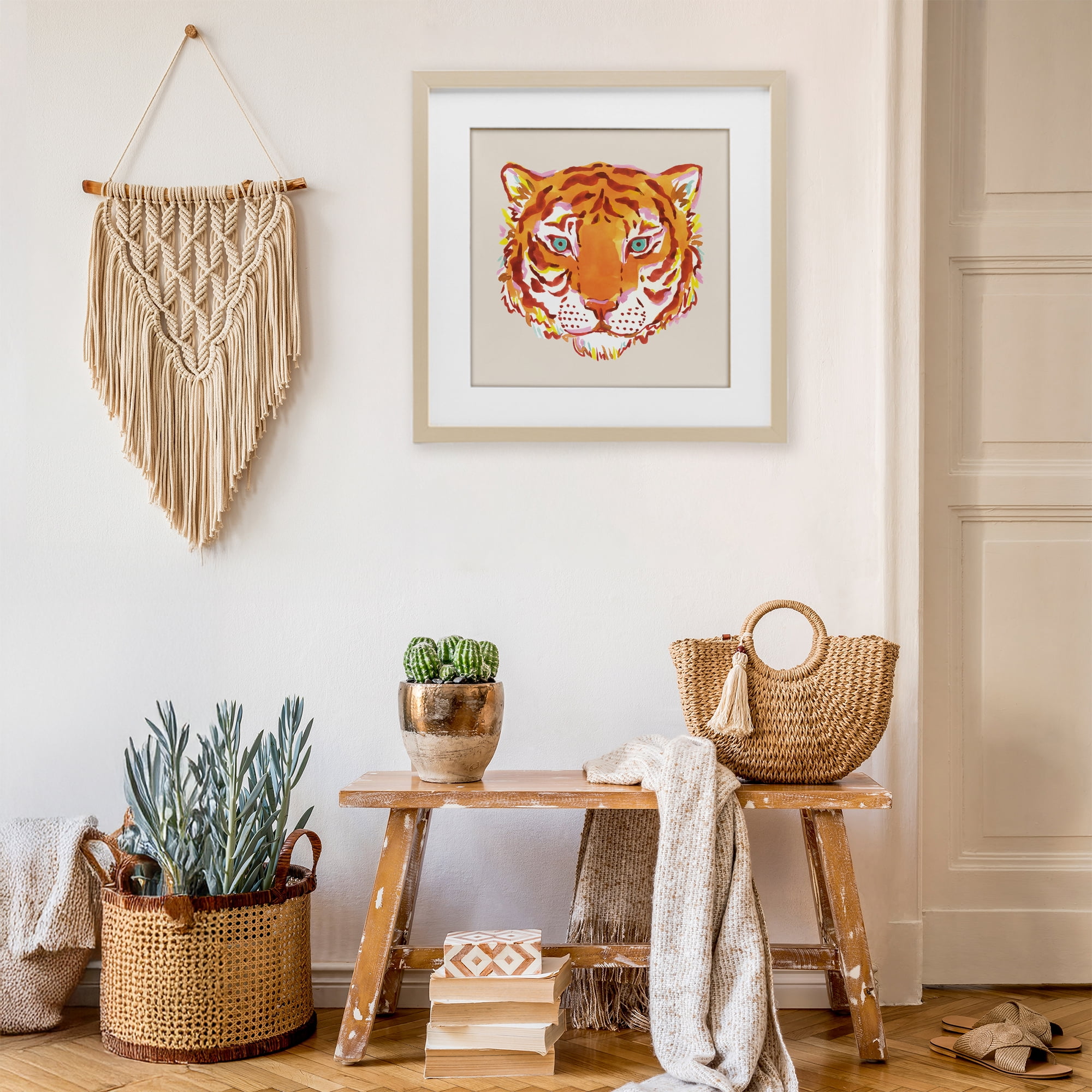 Stupell Industries Orange Boho Tiger Face Birch Framed Print Under Glass, design by Karolina Sato