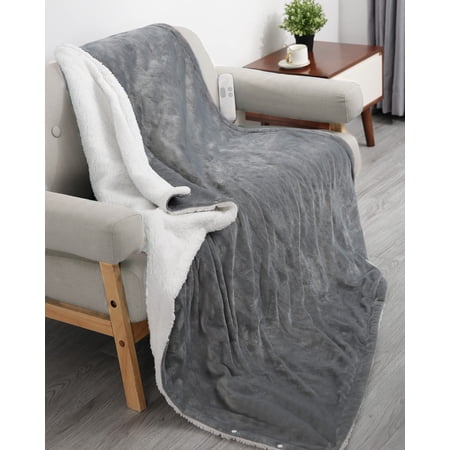 Maxkare 50" x 60" Electric Heated Blanket Flannel & Sherpa Fast Heated Throw Blanket with 6 Heating Levels & 5 Auto-Off Timing Settings, Machine Washable, Grey & White