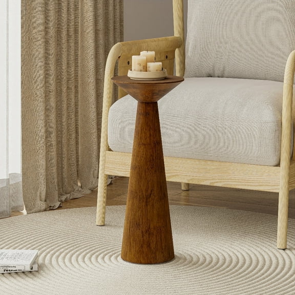 COZAYH Farmhouse Tall Pedestal End Table Small Solid Wood Plant Stand Modern Round Drink Table for Small Space Living Room, Walnut