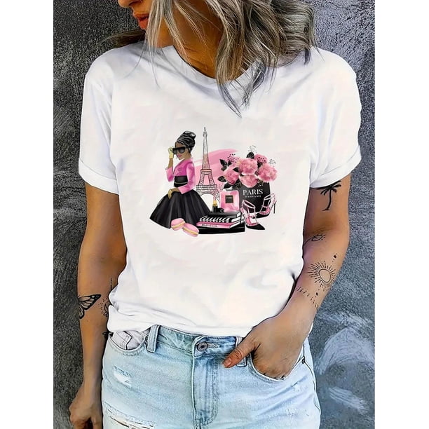 Camiseta De Verano Con Cuello Redondo Para Mujer, Camisetas De Verano Para Ir De Compras En La PlayaCartoon Figure & Floral Print Short Sleeve Crew Neck T-shirt, Casual Sports Short Sleeve Crew Neck