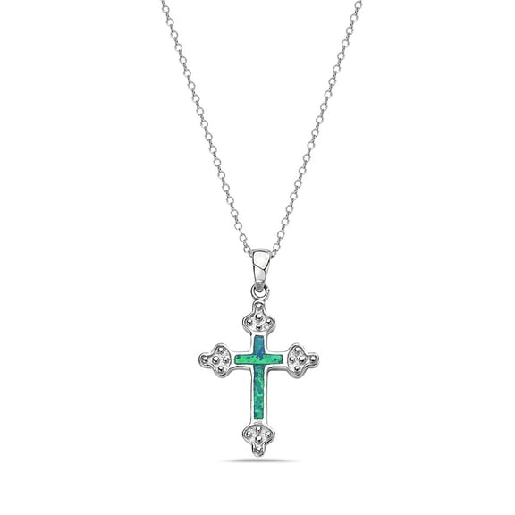 925 Sterling Silver Simulated Opal Religious Cross Pendant Necklace, 18"