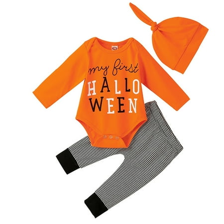 

ZHUASHUM Baby Girls Boys Cotton Print Autumn Pumpkin Long Sleeve Striped Pants Romper Bodysuit Hat Set Clothes