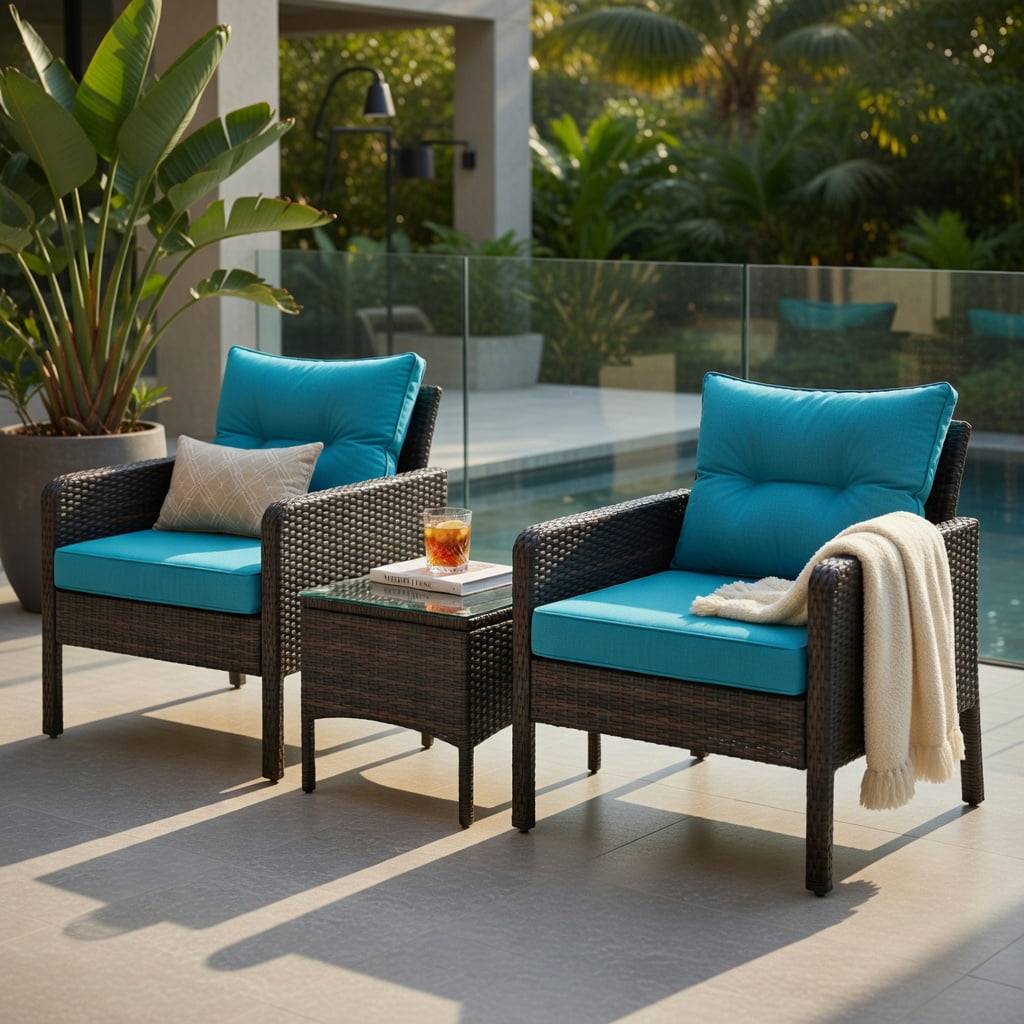 Hommoo 3-Piece Outdoor Wicker Patio Conversation Set, PE Rattan Chairs with Cushions, Tempered Glass Coffee Table for Backyard, Balcony & Poolside, Turquoise