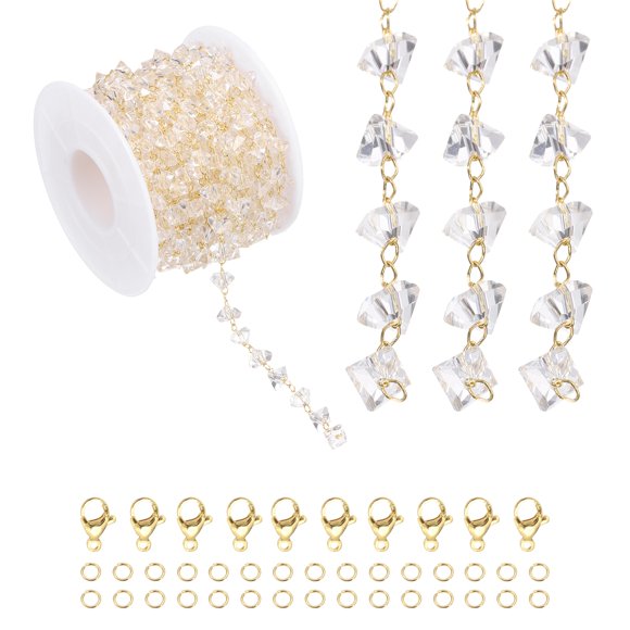 Uxcell Rouleau de Chaîne en Cristal Triangulaire Facetté 16,4 Pieds, Chaîne de Fabrication de Bijoux en Vrac avec Claps de Homard Anneaux de Saut pour Fabrication de Bijoux Bricolage Collier Bracelets, Ton Or