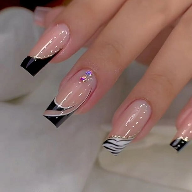 Uñas postizas de cobertura completa, Uñas postizas acrílicas, purpurina, mariposa, diamantes de imitación, color rosa degradado, 24 unidades