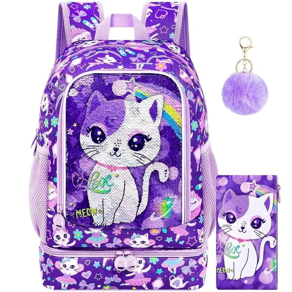 Preschool Backpack for Girls, 2-in-1 Kids Sequins Bookbag Set with Built-in Bottom Lunch Compartment, 17" Water-Resistant Cat School Bag for Elementary Toddler, Easy Carry!