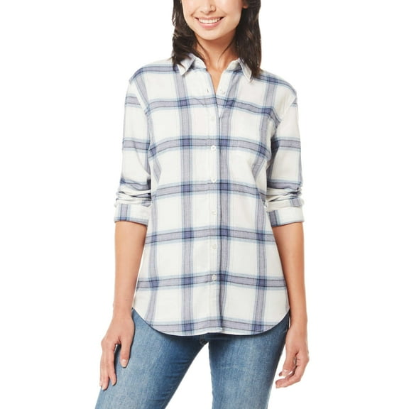 Weatherproof Vintage Women's Stretch Plaid Flannel Button Front Shirt-Blue / L