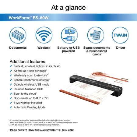 Epson - ES-60W Wireless Mobile Color Sheetfed Document Scanner - Black