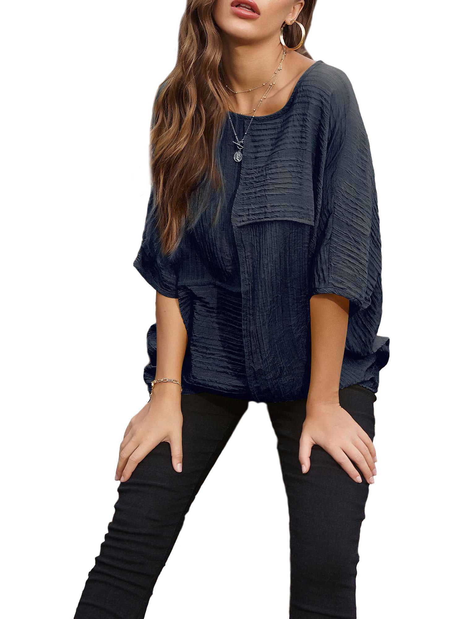 Selfieee - Selfieee Women's Round Neck Half Sleeve Tee Tops Patchwork Plain Casual Loose Sexy 