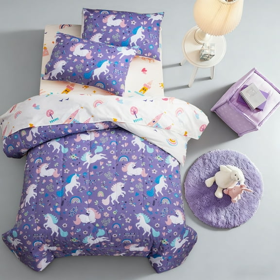 Btargot 5Pcs Purple Flower Unicorn Bed-in-a-Bag for Girls Rainbow Botanical Unicorn Comforter Set Twin