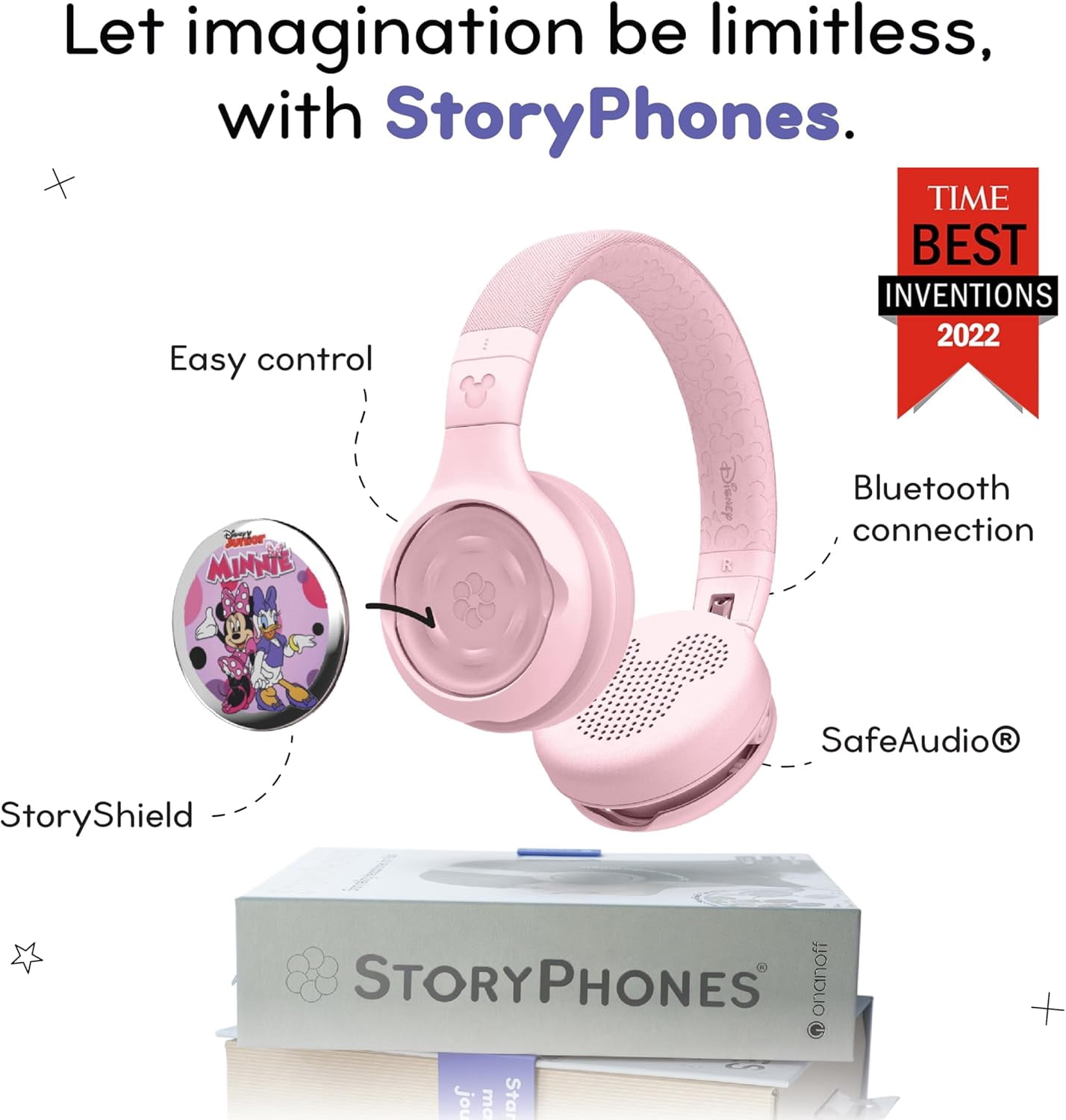 Disney StoryPhones Storytelling Foldable Bluetooth Kids Headphones, Intro Bundle with Mickey Mouse Story Disk Rose Pink