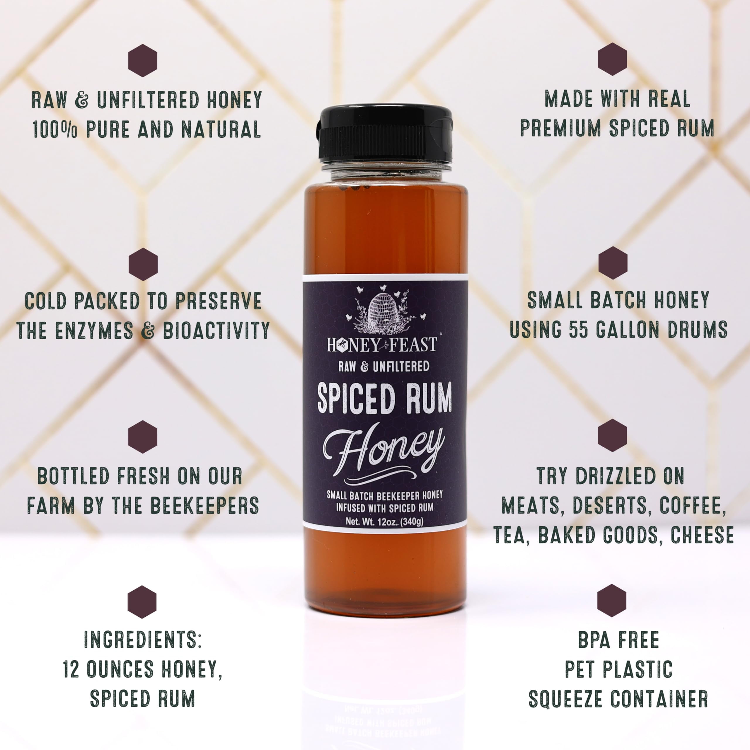 HONEY FEAST Spiced Rum Honey Jars 12oz (Pack of 6) | Multi-Pack Flavored Honey | Unique Gourmet Gift