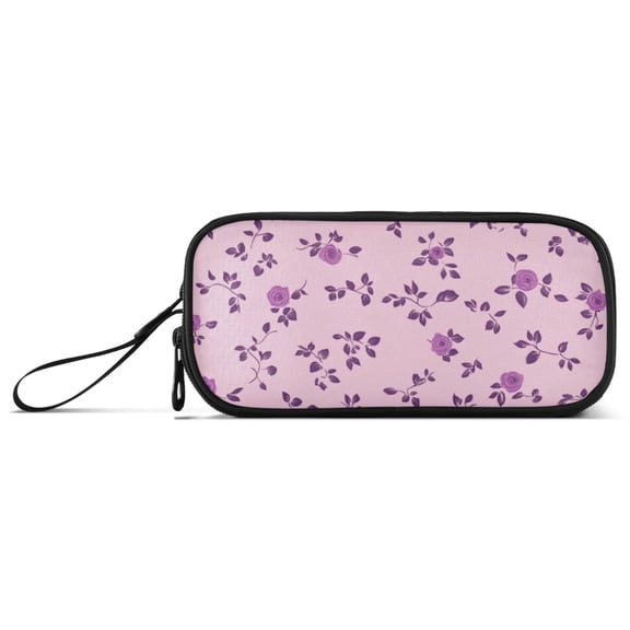 Purple Rosebuds Leaves Pencil Case Stationary Holder Pen Bag Pencil Pouch Tool Organizer 3 Compartments