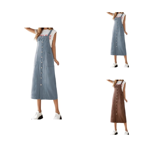 Denim Overall Dress for Women Summer Loose Casual Button Down Adjustable Strap A Line Midi Jean Dress with Pockets