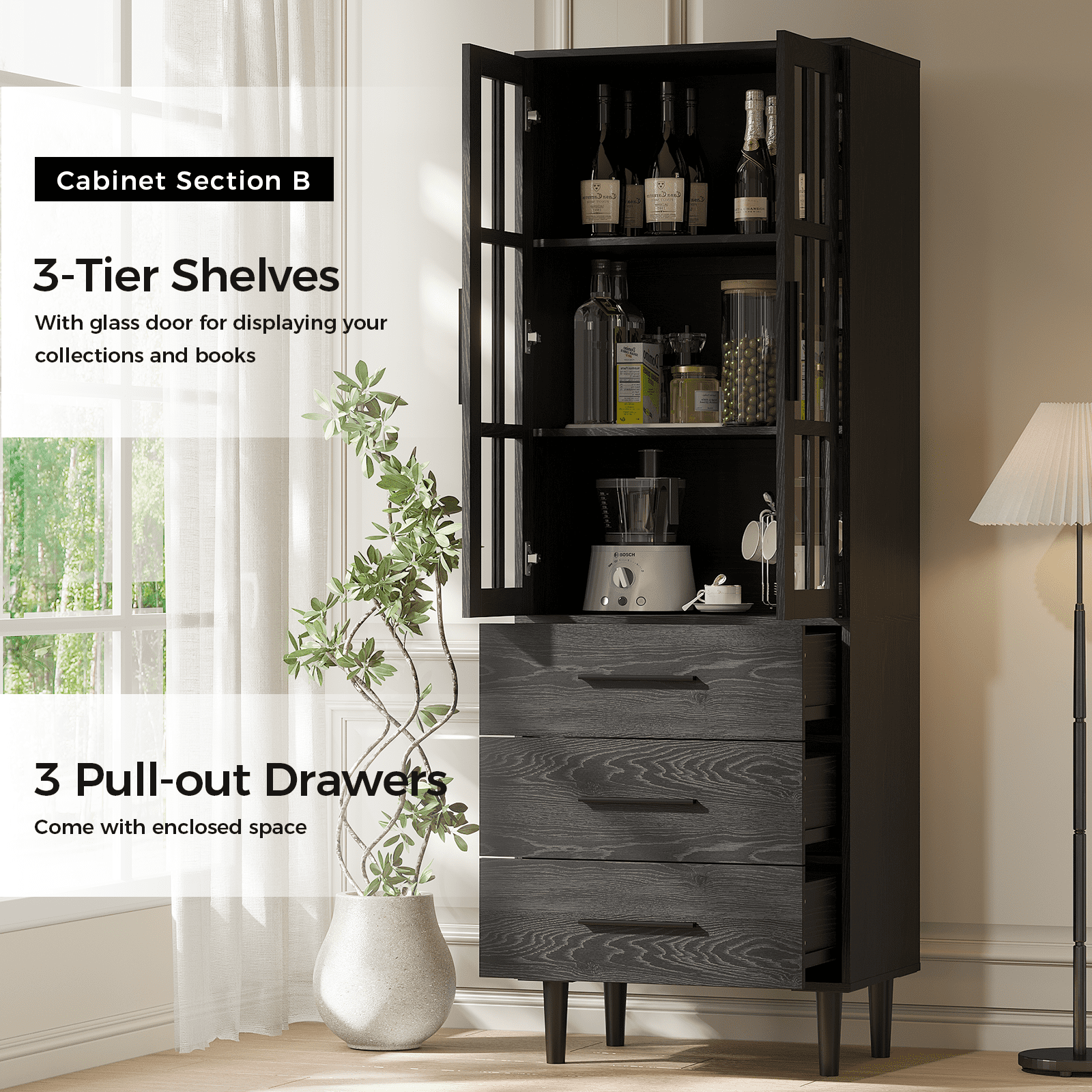 RichYa 3Pcs Bookcases with Doors,5-Tier Bookshelves with Storage Cabinet,Combination Display Cabinets for Home Office,Black(AAA)