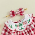 thumbnail image 6 of Cjfdfy  Newborn Baby Girl Holiday Fall Outfit Holiday Thanksgiving Turkey Merry Christmas Embroidery Long Sleeve Doll Collar Plaid Romper And Bow Headband Set, 6 of 9
