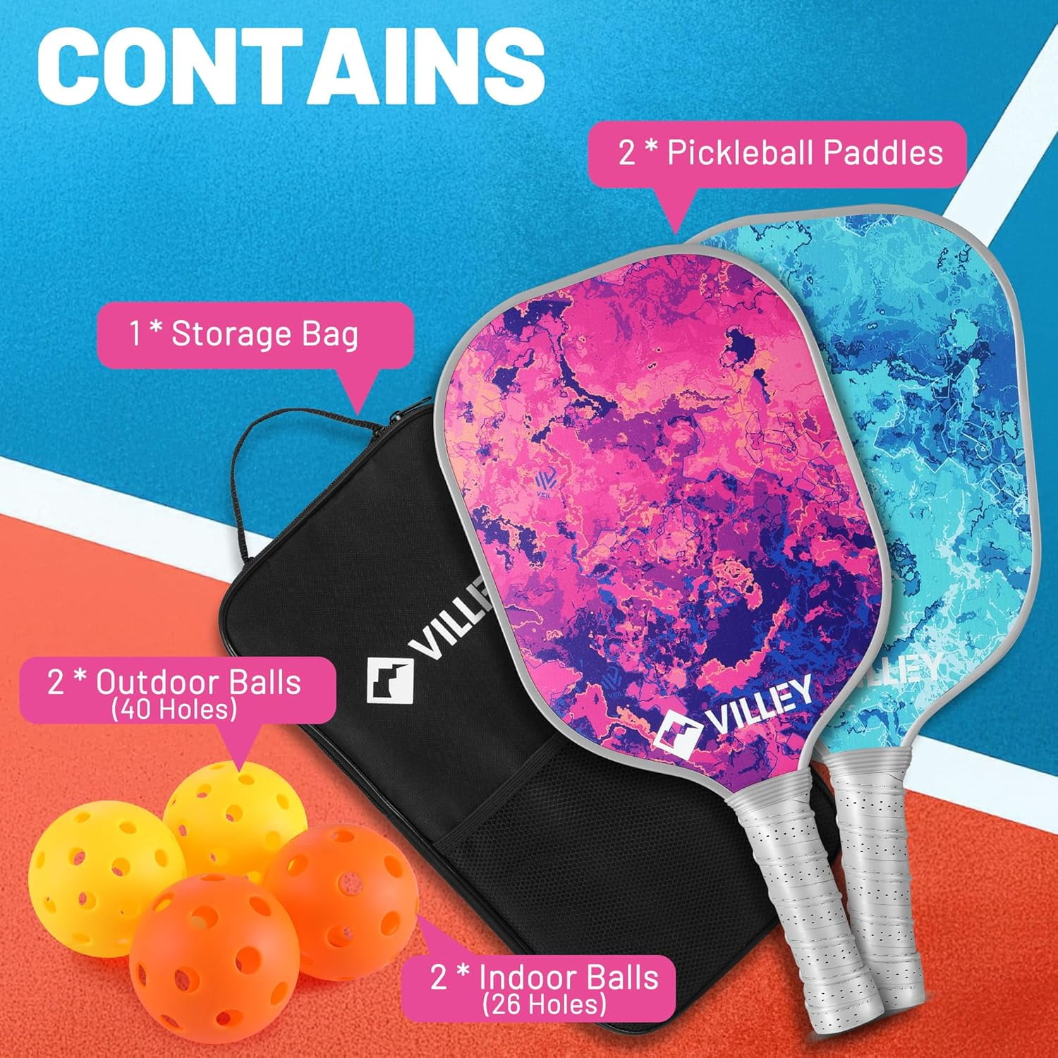VILLEY Pickleball Paddles Set of 2, Fiberglass Surface Pickleball Set with 4 Pickleball Balls and Pickleball Bag, for Men, Women, Kids, Adults