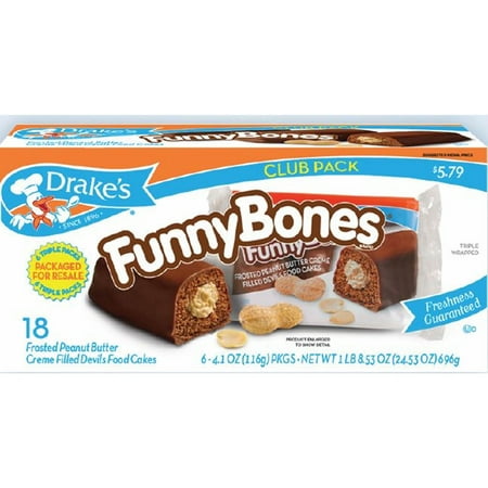 18 Ct -Drake's Funny Bones Frosted Peanut Butter Creme Filled Devils Food Cakes Snack