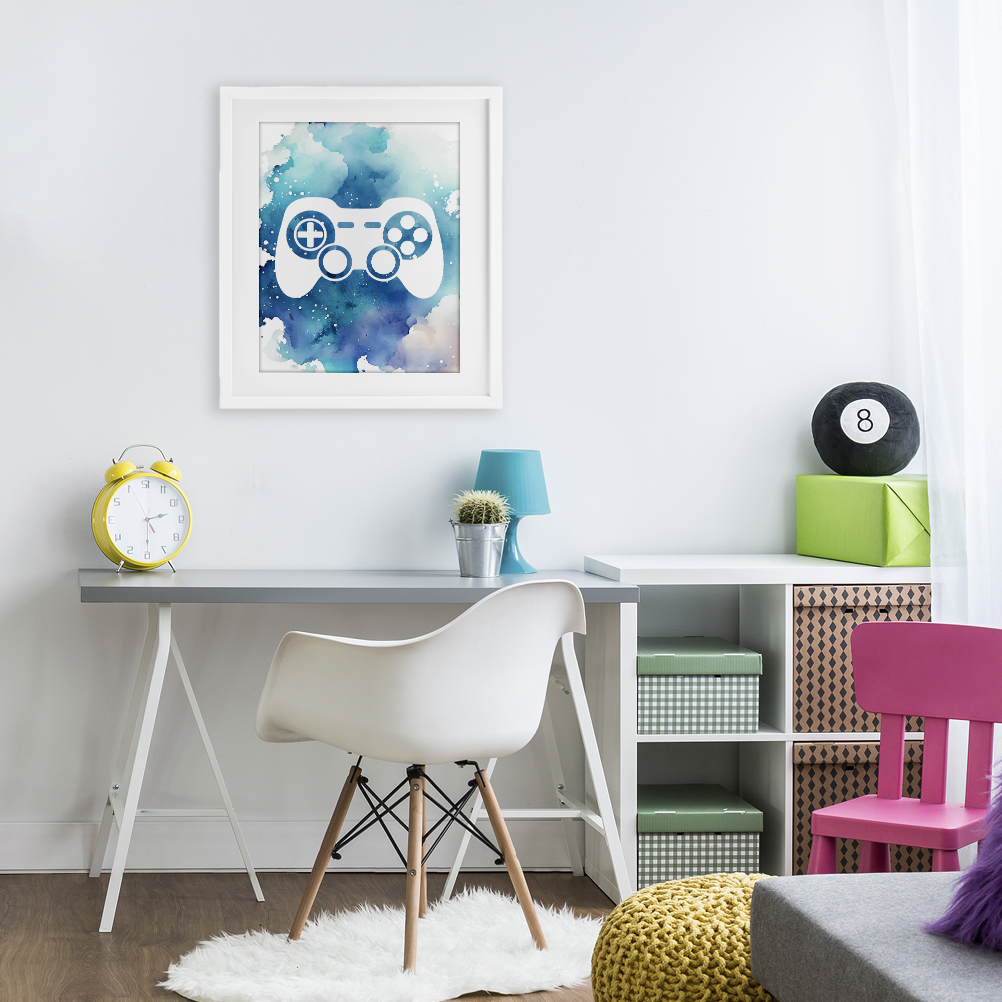 Blue Controller Splatter White Framed Print Under Glass, design by Marcus Prime