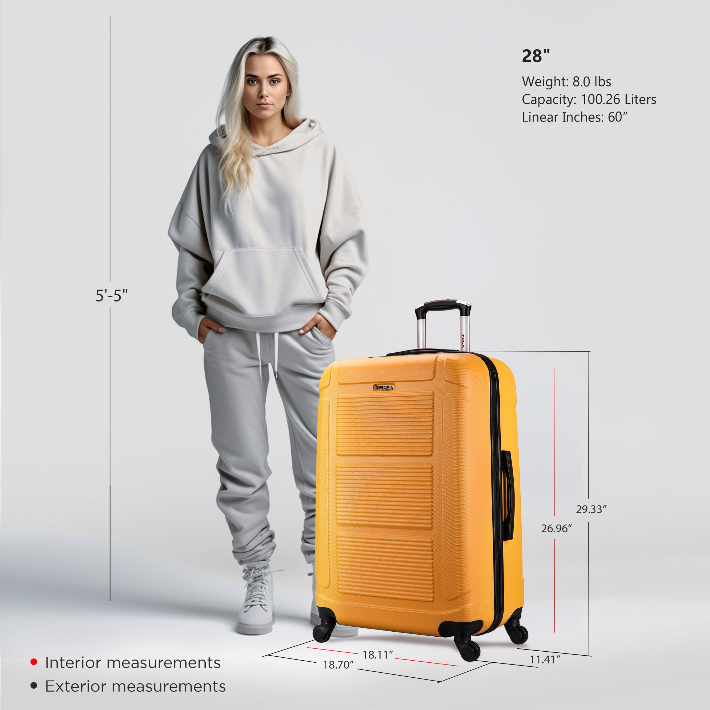 InUSA Pilot 28" Hardside Lightweight Luggage with Spinner Wheels, Handle, and Trolley, Mustard