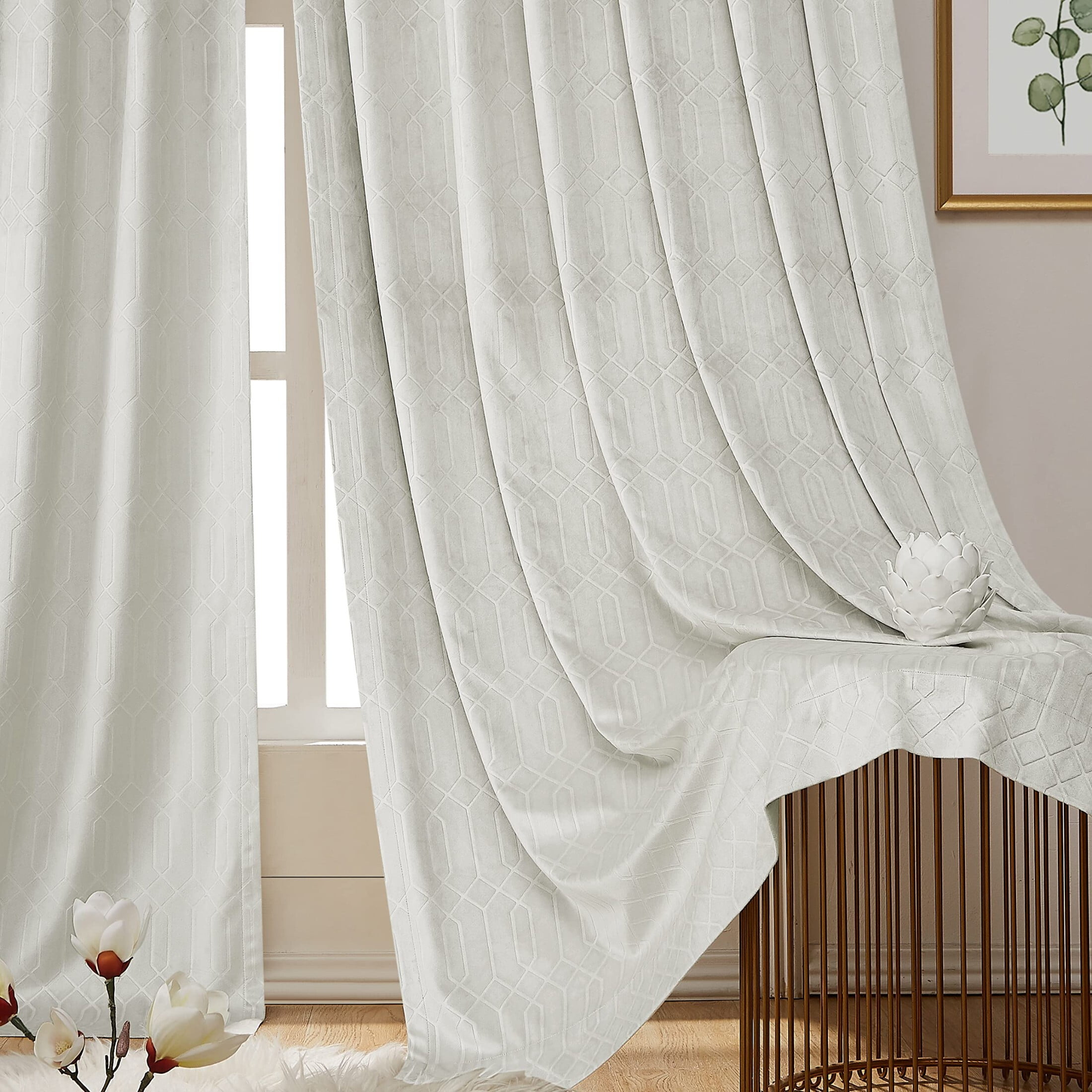 Uptown Home Ivory Velvet Blackout Window Curtain Panels Block Light Thermal Geometric Embossed Curtains for Bedroom/Living Room, Back Tab/Rod Pocket, 52"x63"x2