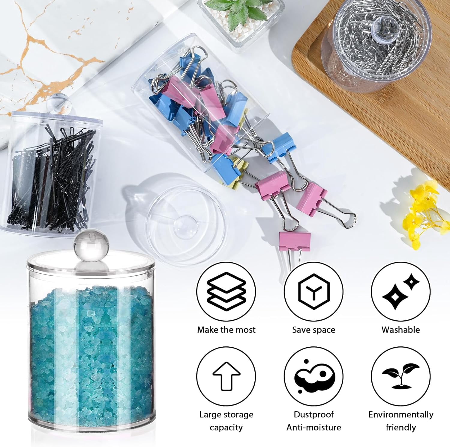 RGHJAR-6 Pack Qtip Holder,Canister Apothecary Jar Set, Bathroom Jars with Lids Set for Cotton Swabs, Balls, Pads, Floss Picks,10oz-12oz Plastic Canisters Restroom Bedroom Vanity Organizer(Clear)