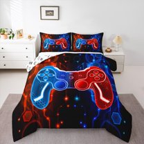 Manfei Red Blue Gamepad Queen Comforter Set, Cartoon Game Console Bedding Comforter Set, Teens Boys Girls Kids Reversible Bedding Set, Super Cozy Room Decor, 3-Piece