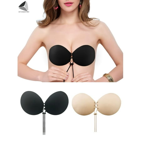 PULLIMORE 2 Pairs Push Up Adhesive Bra Reusable Backless Sticky Bras for Backless Wedding String Dress (Cup D  Black+Skin)