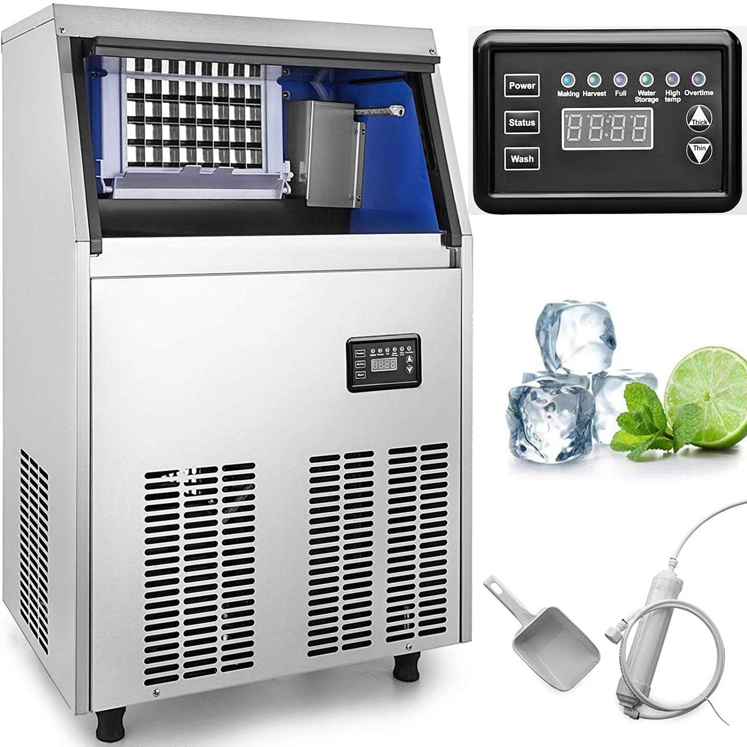KFFKFF 110V Commercial Ice Maker 90lbs/24H with 22lbs Bin, Full Heavy Duty Stainless Steel Construction, Automatic Operation, Clear Cube for Home Bar